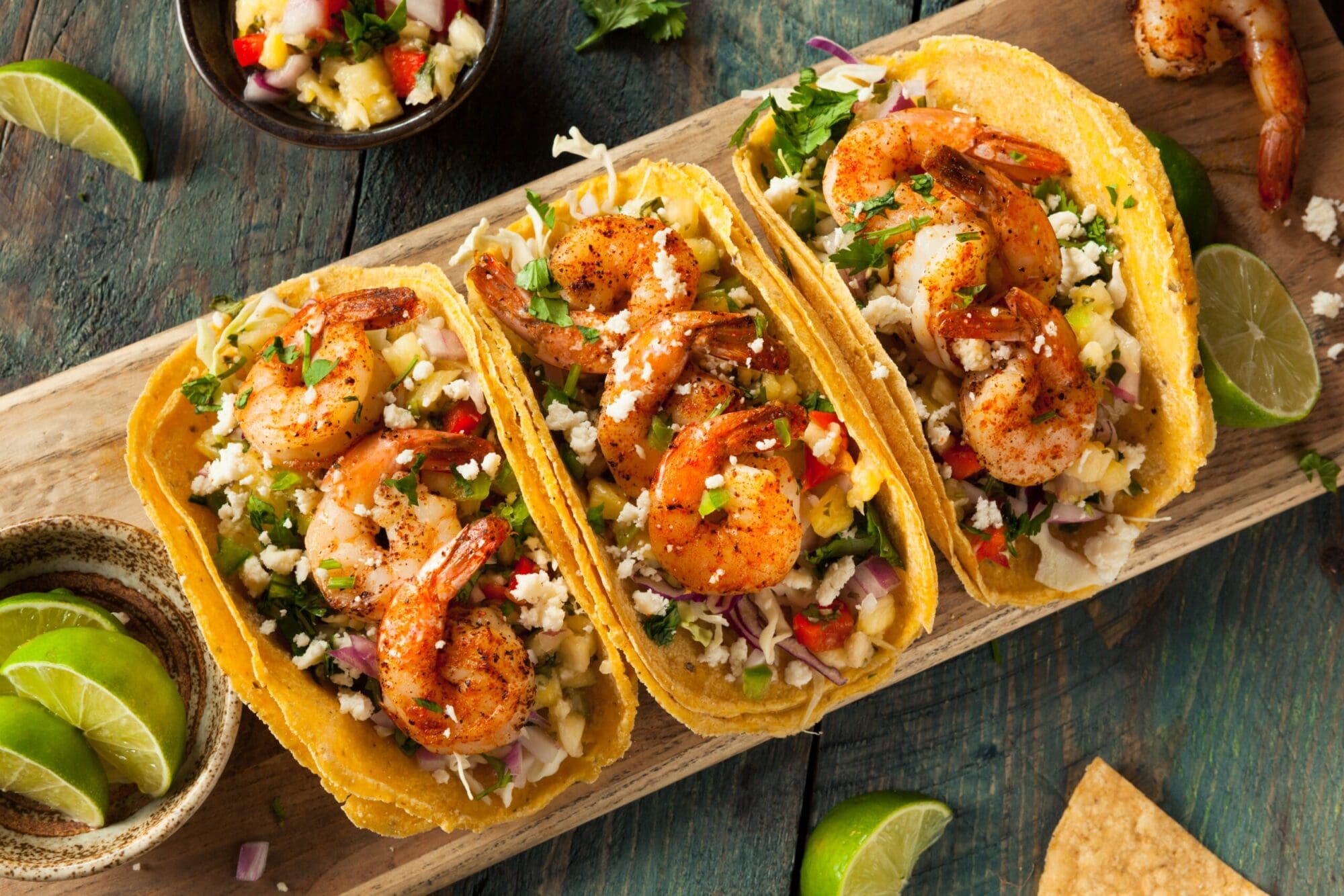 Shrimp tacos topped with salsa and lime wedges
